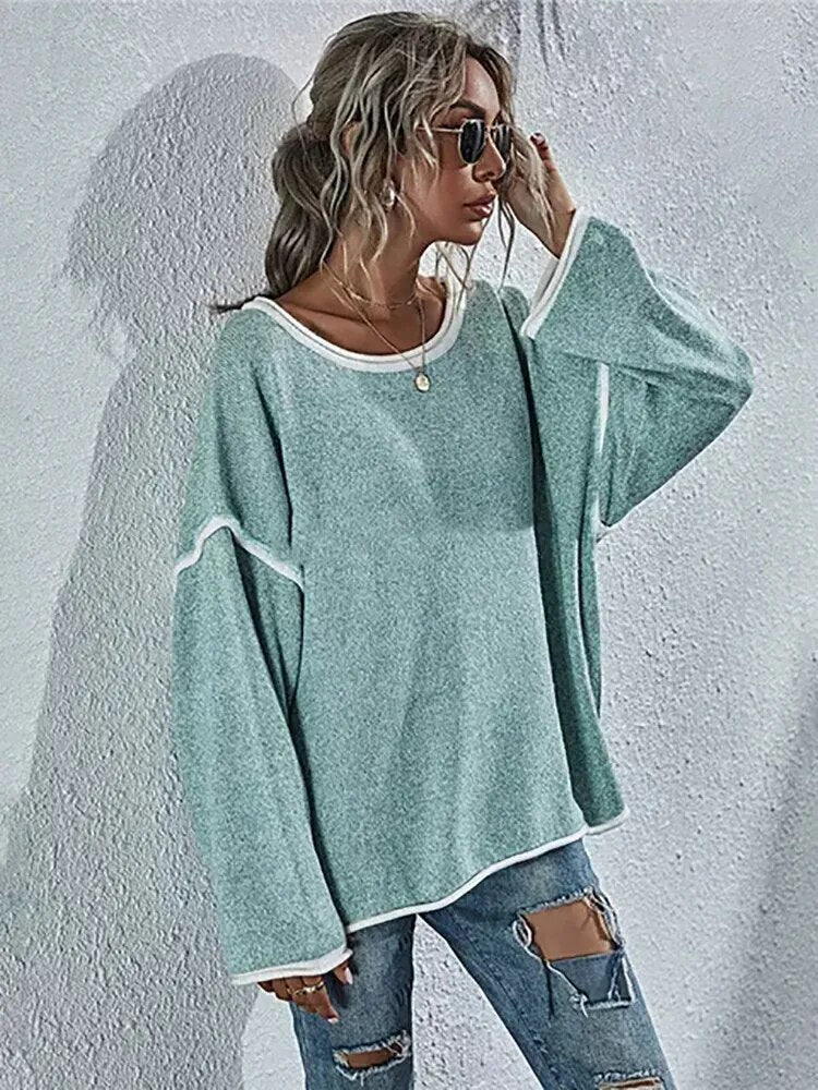 Knitted sweater with oversized round neck and contrast trim