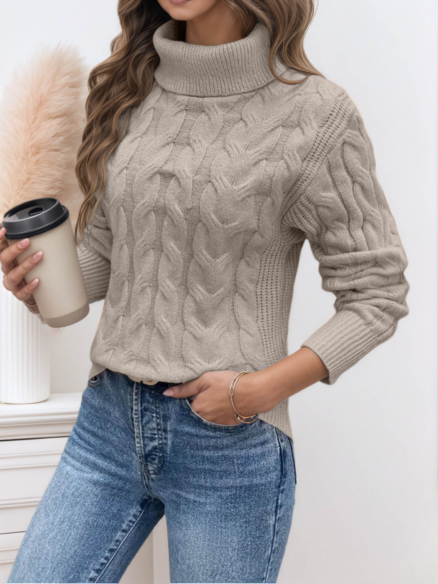 Damen Grobstrick-Pullover mit Rollkragen – Warmer Langarm-Stricktop für Herbst/Winter