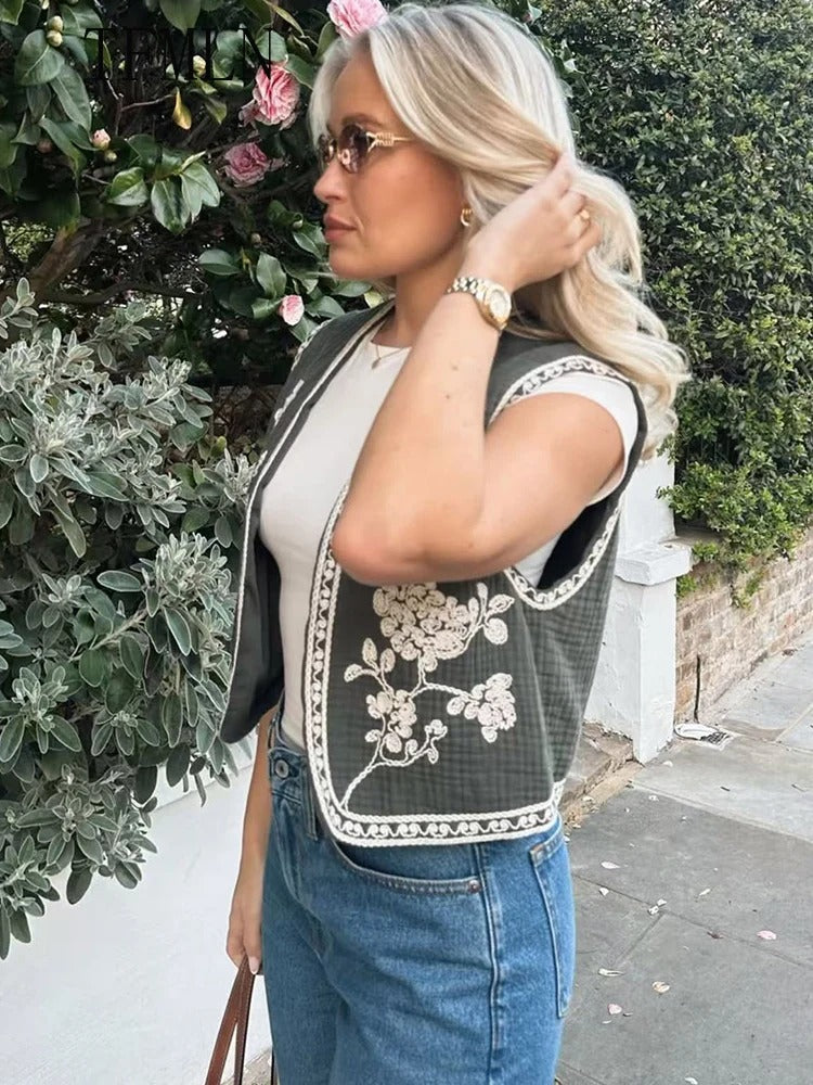 Retro Cropped Cardigan Weste mit Kontraststickerei