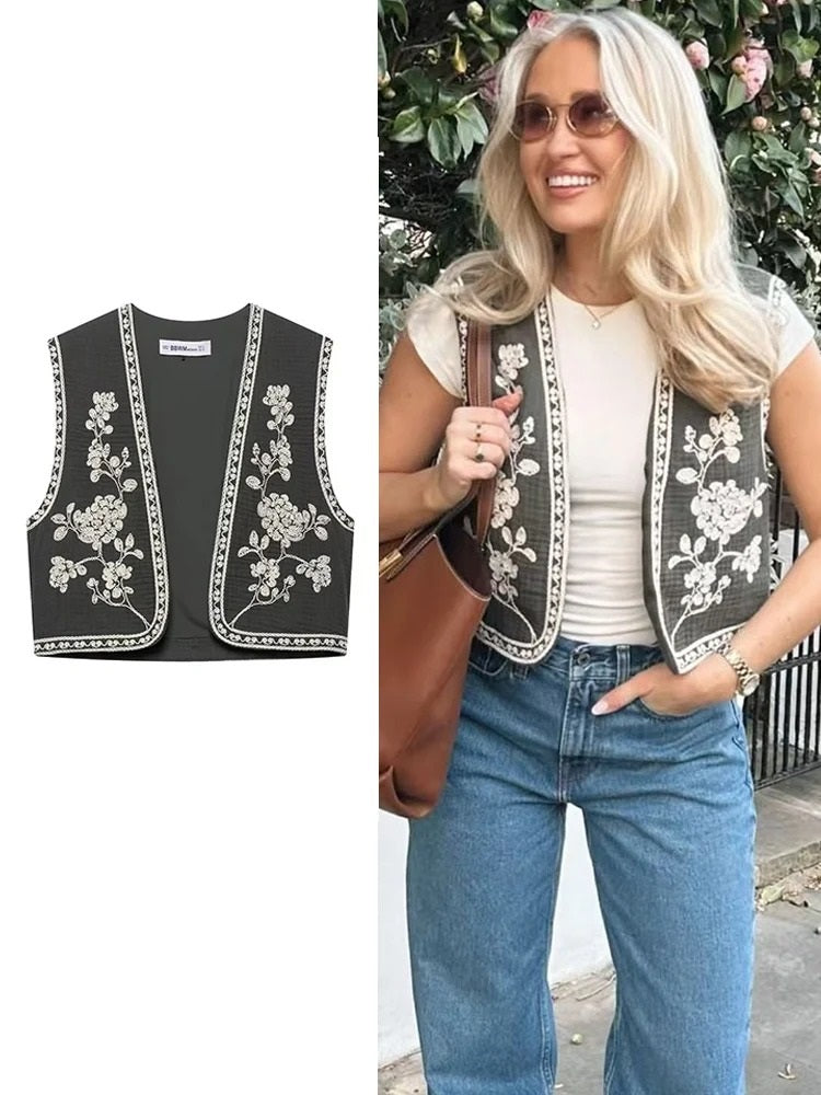 Retro Cropped Cardigan Weste mit Kontraststickerei