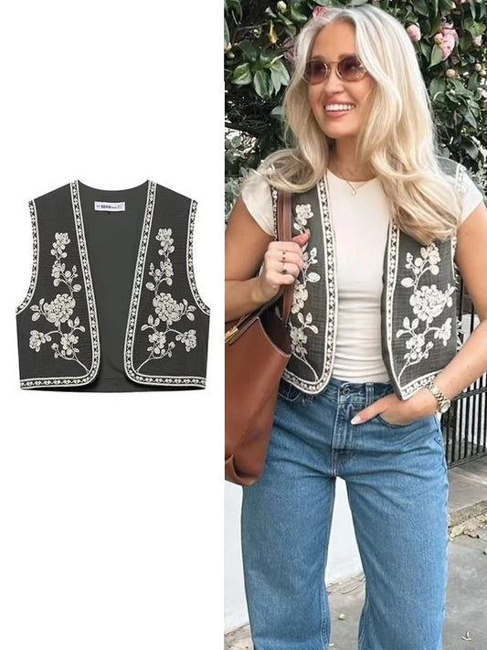 Retro Cropped Cardigan Weste mit Kontraststickerei