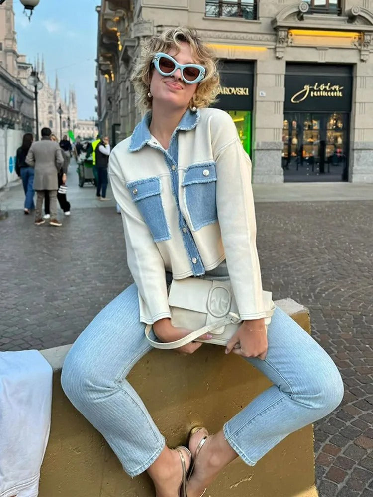 Frauen Mantel Denim Patchwork Jacke