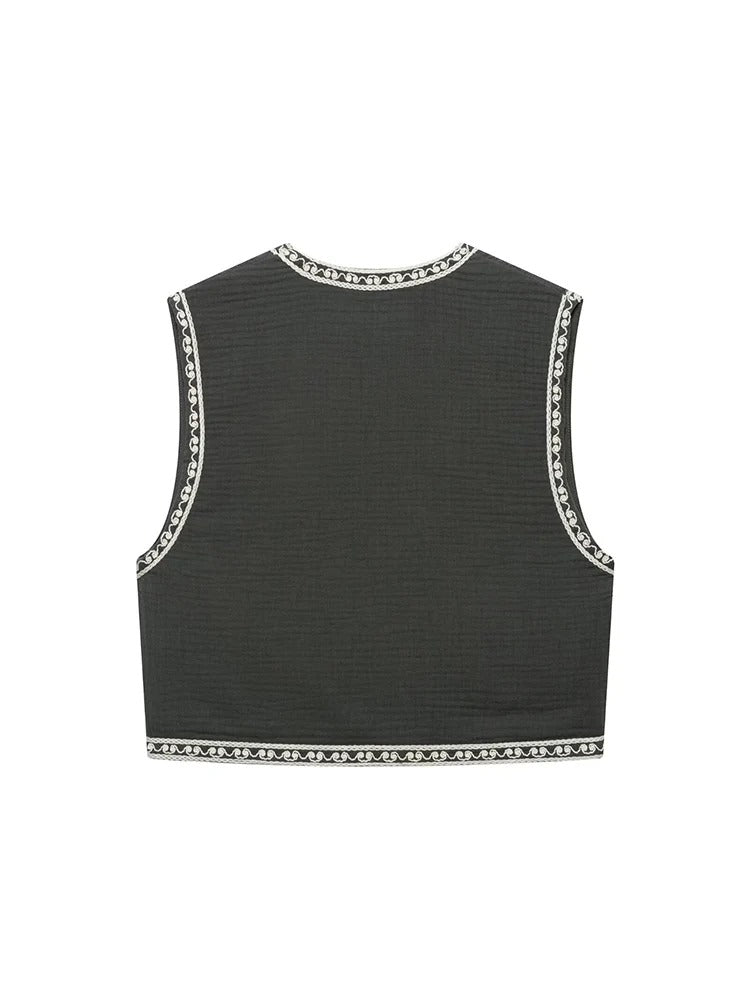 Retro Cropped Cardigan Weste mit Kontraststickerei