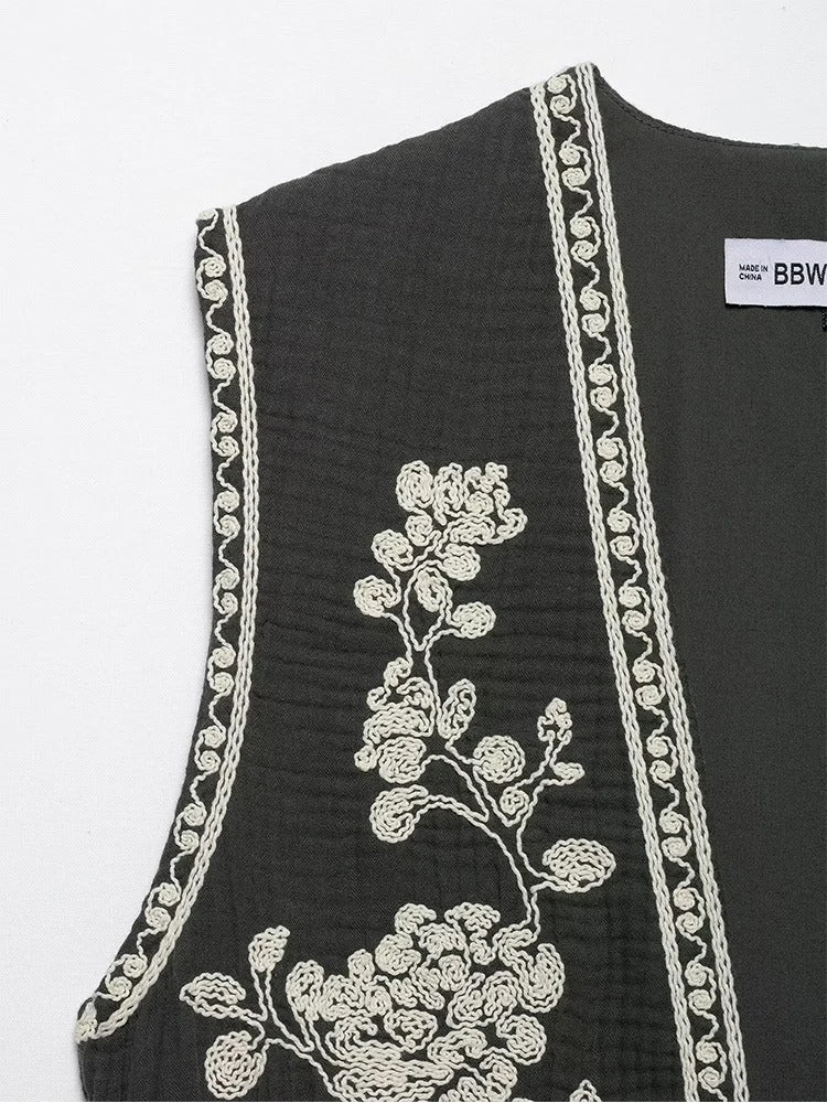 Retro Cropped Cardigan Weste mit Kontraststickerei