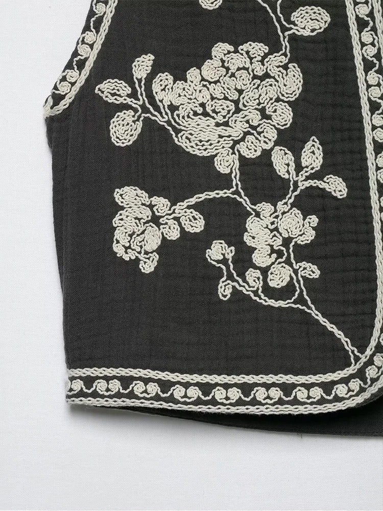 Retro Cropped Cardigan Weste mit Kontraststickerei