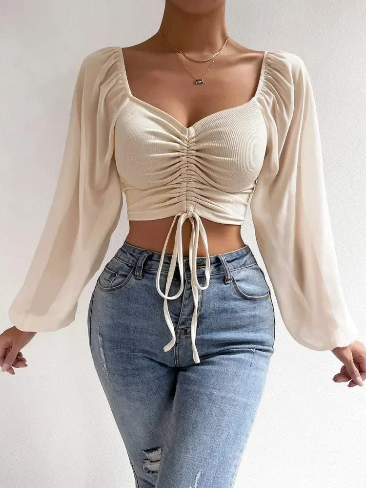 Sexy Puffärmel V-Ausschnitt Damen Top