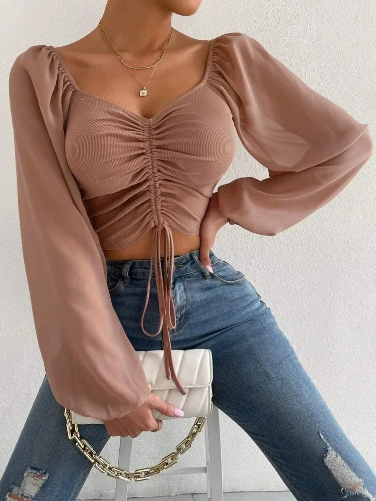 Sexy Puffärmel V-Ausschnitt Damen Top