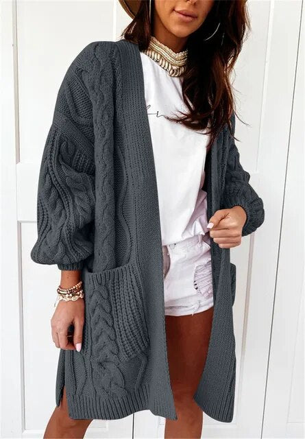 Frauen gestrickt langen Mantel elastisch warm Twist Strickjacke