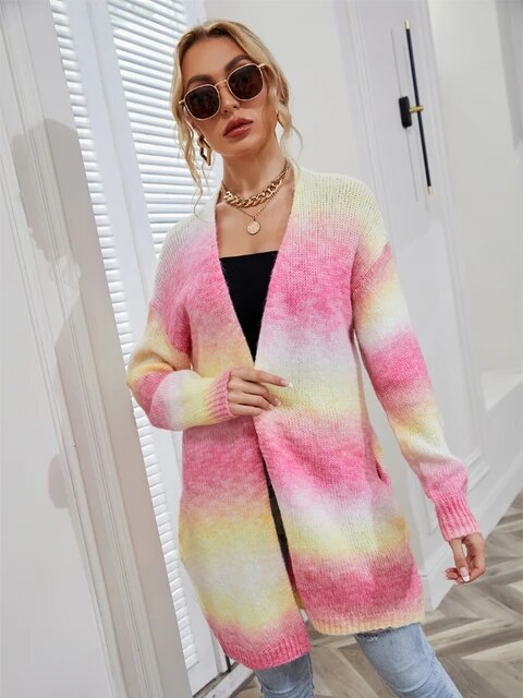 Dyed long loose knit coat with pockets