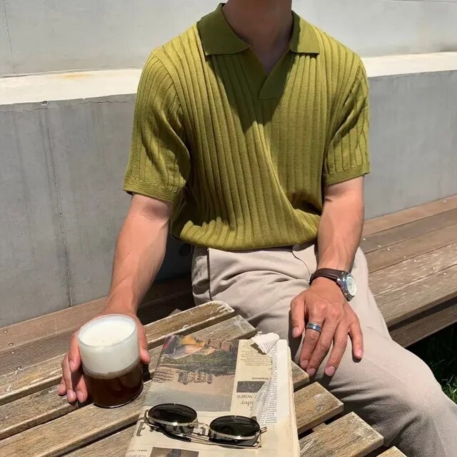 Herren Strick-Poloshirts mit kurzen Ärmeln