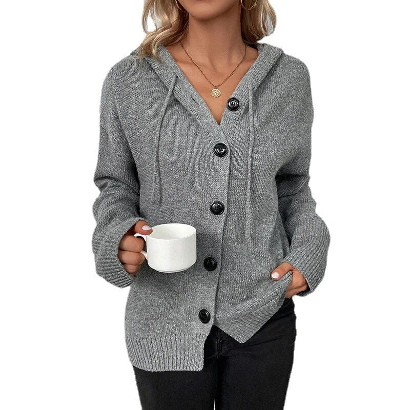 Cardigan with hood and button placket