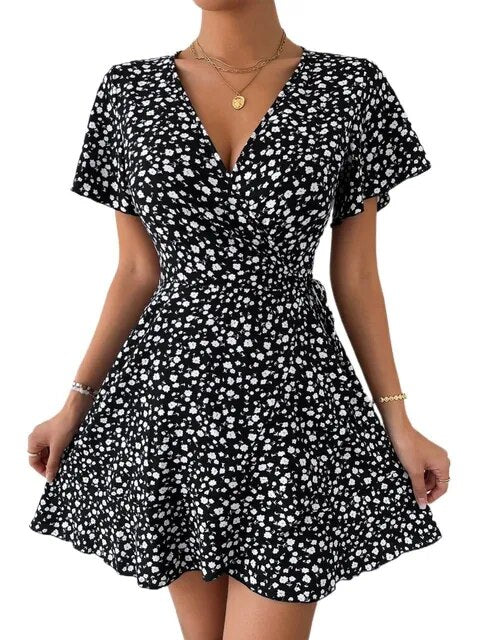 Floral print wrap dress with ruffle hem