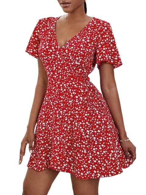 Floral print wrap dress with ruffle hem