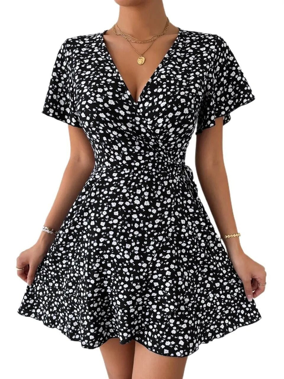 Floral print wrap dress with ruffle hem