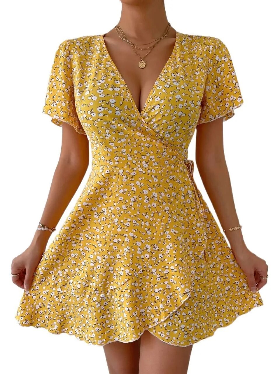 Floral print wrap dress with ruffle hem