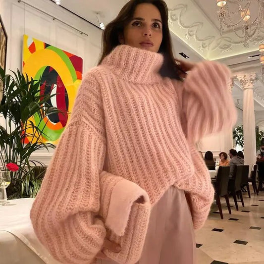 Flauschiger langärmeliger Strickpullover mit hohem Halsausschnitt Pullover