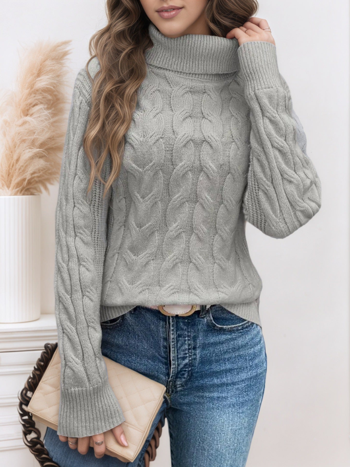 Damen Grobstrick-Pullover mit Rollkragen – Warmer Langarm-Stricktop für Herbst/Winter