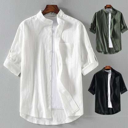 Men's short sleeve shirt with stand-up collar