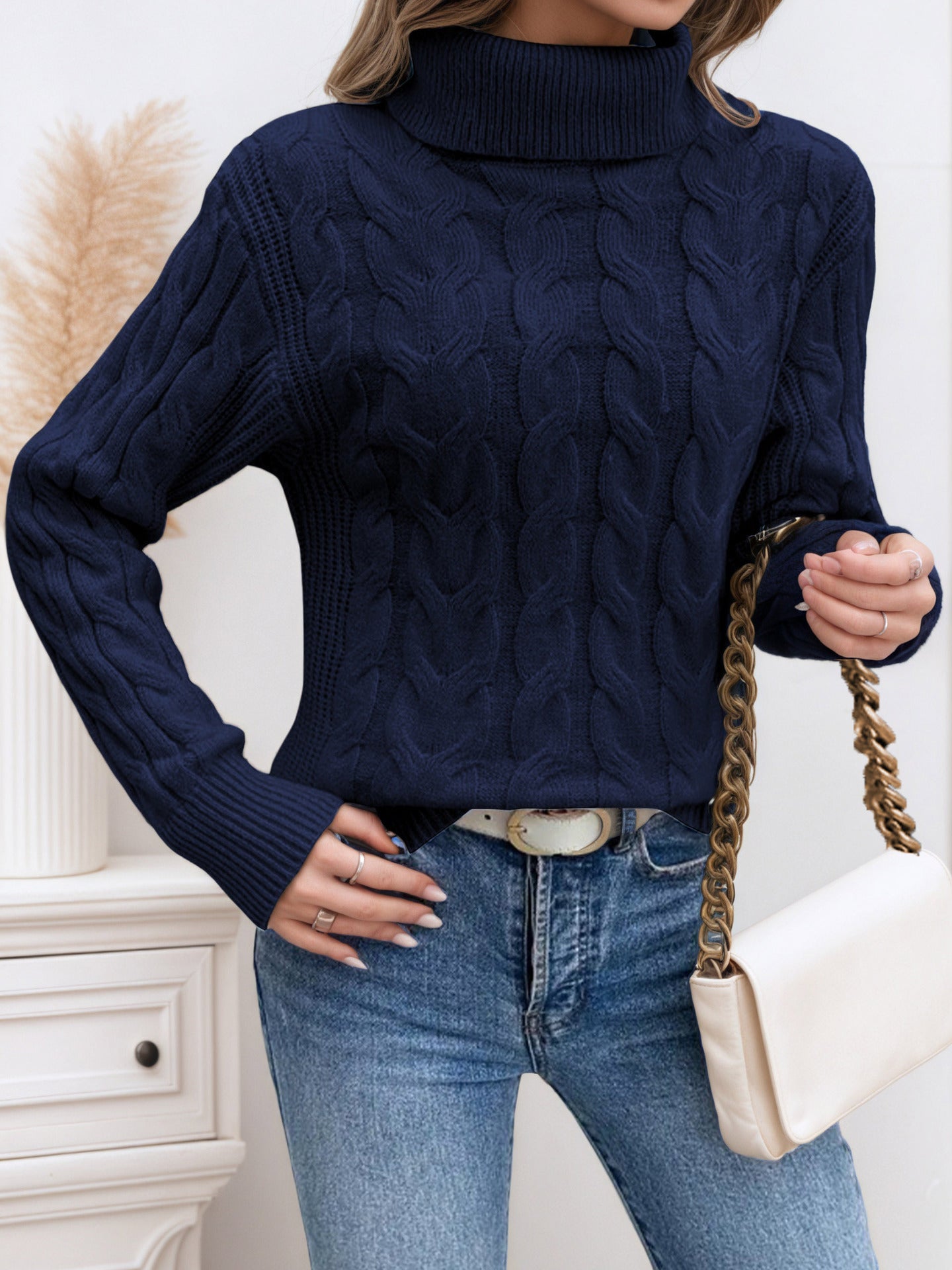 Damen Grobstrick-Pullover mit Rollkragen – Warmer Langarm-Stricktop für Herbst/Winter