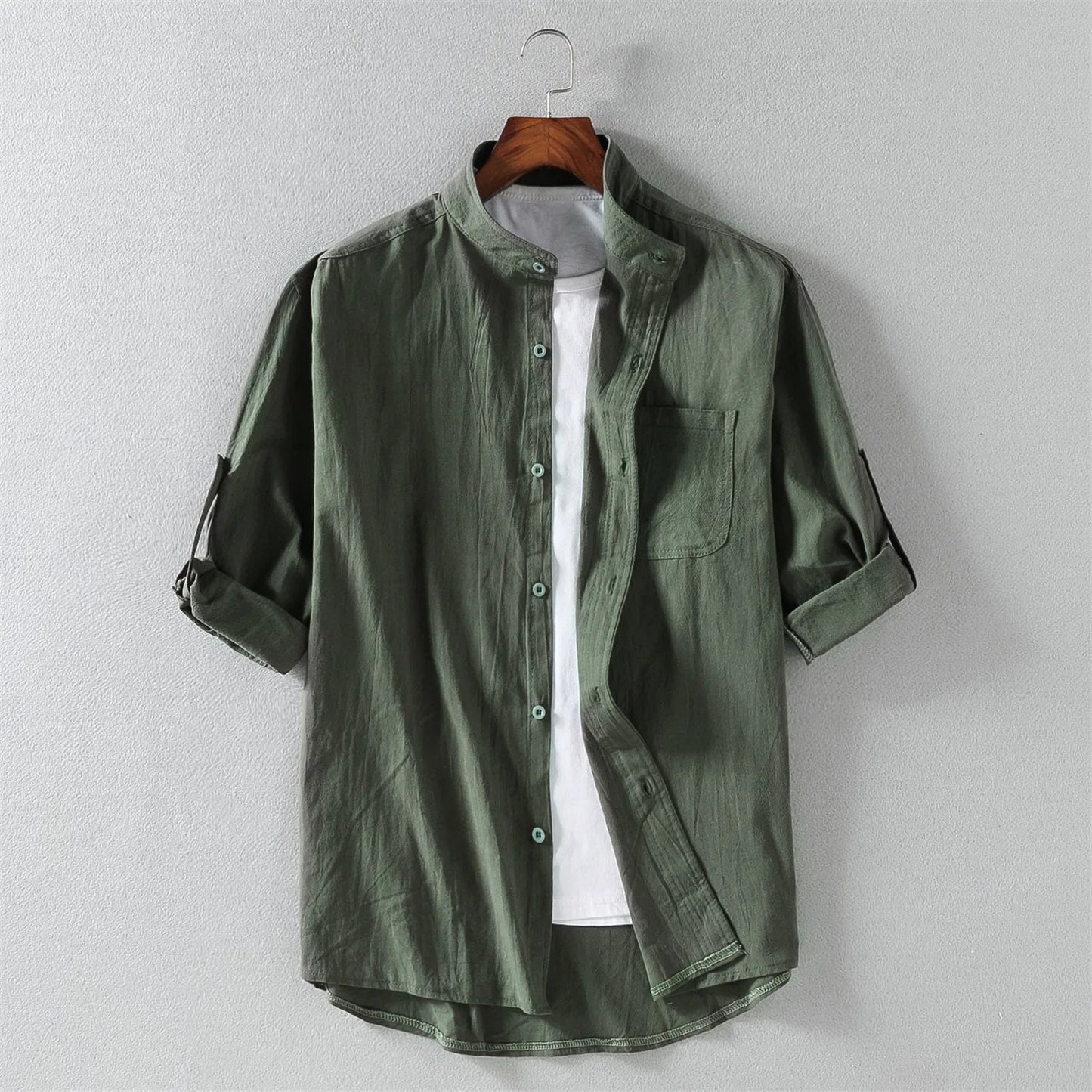 Men's short sleeve shirt with stand-up collar