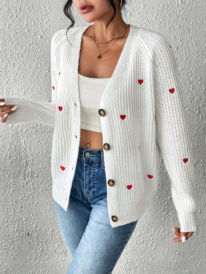 Heart pattern cardigan with V-neck and sleeves