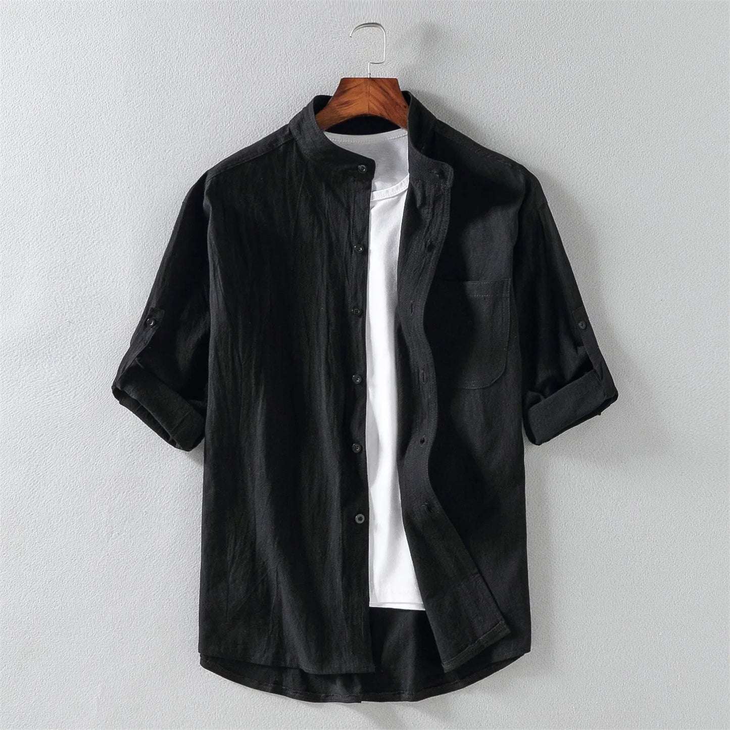 Men's short sleeve shirt with stand-up collar