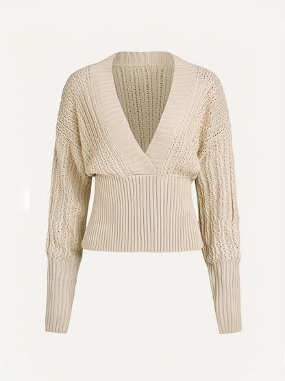 Deep V-neck long sleeve sweater with cinched waist