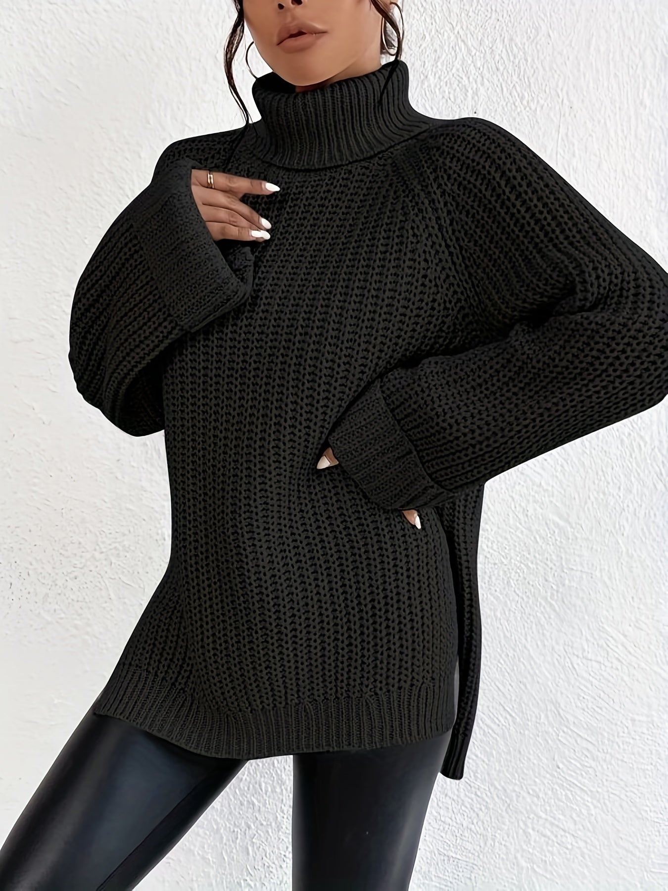 Casual raglan sleeve turtleneck sweater