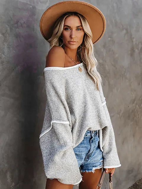 Strickpullover mit übergroßem Rundhalsausschnitt und Kontrastbesatz