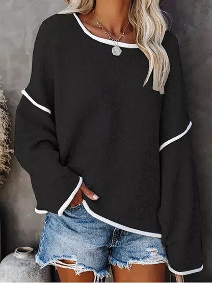 Strickpullover mit übergroßem Rundhalsausschnitt und Kontrastbesatz