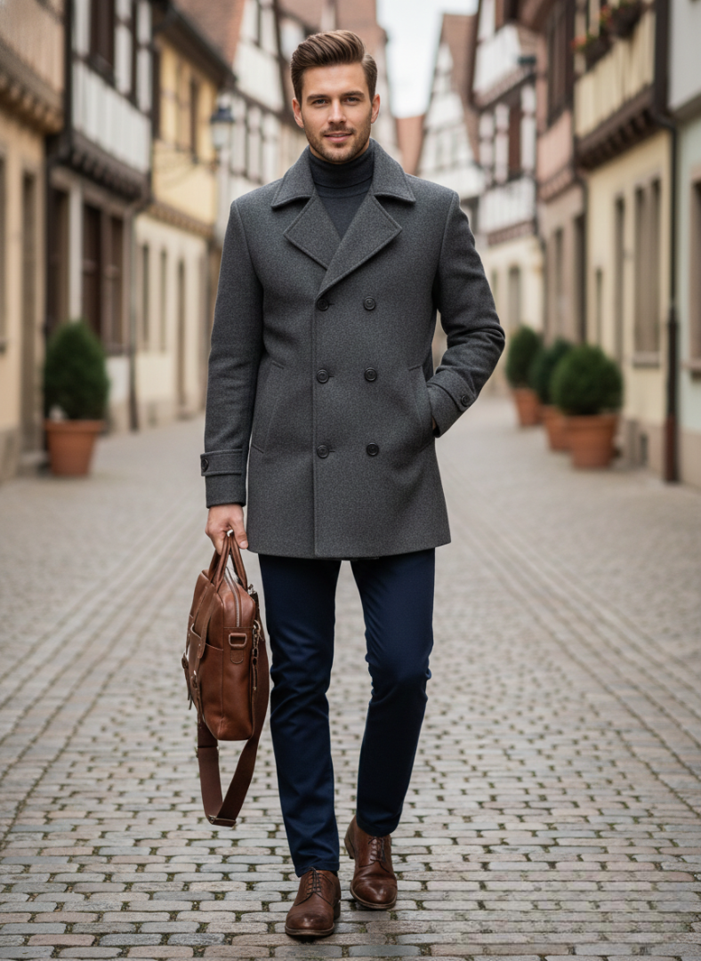 Herren Wollmantel – Stylischer Zweireiher mit Revers