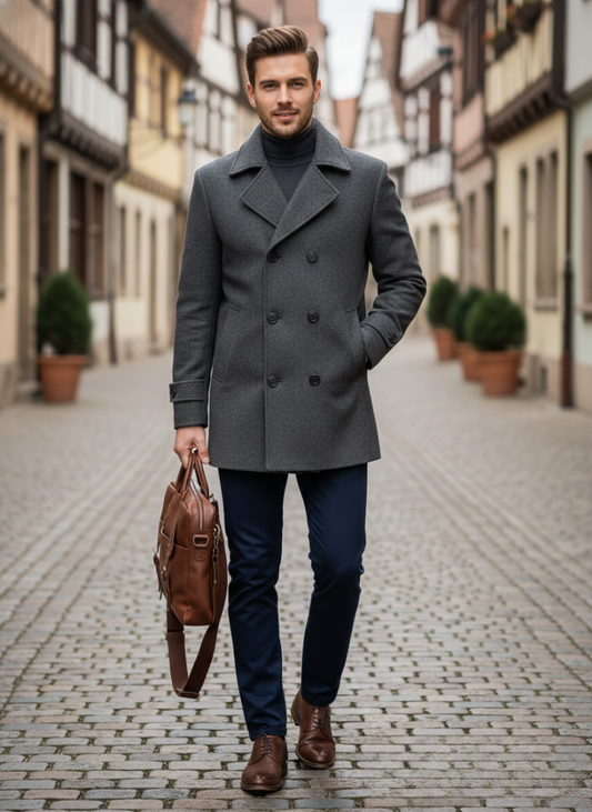 Herren Wollmantel – Stylischer Zweireiher mit Revers