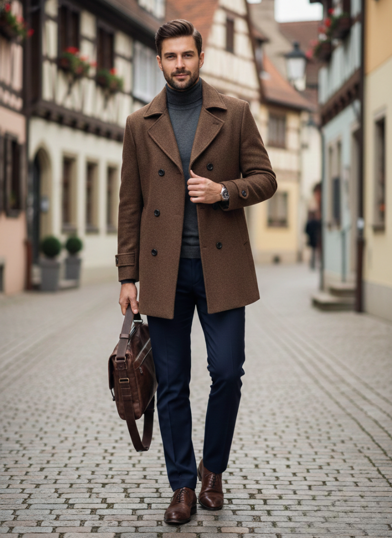 Herren Wollmantel – Stylischer Zweireiher mit Revers
