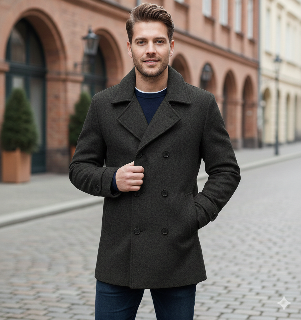 Herren Wollmantel – Stylischer Zweireiher mit Revers