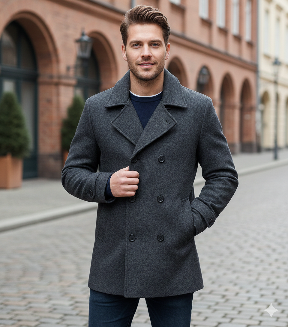 Herren Wollmantel – Stylischer Zweireiher mit Revers