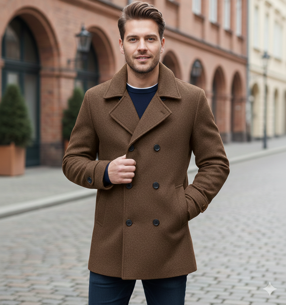 Herren Wollmantel – Stylischer Zweireiher mit Revers
