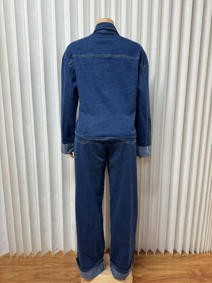 Retro Lapel Button Denim Cargo Set – Vintage Long-Sleeve Outfit