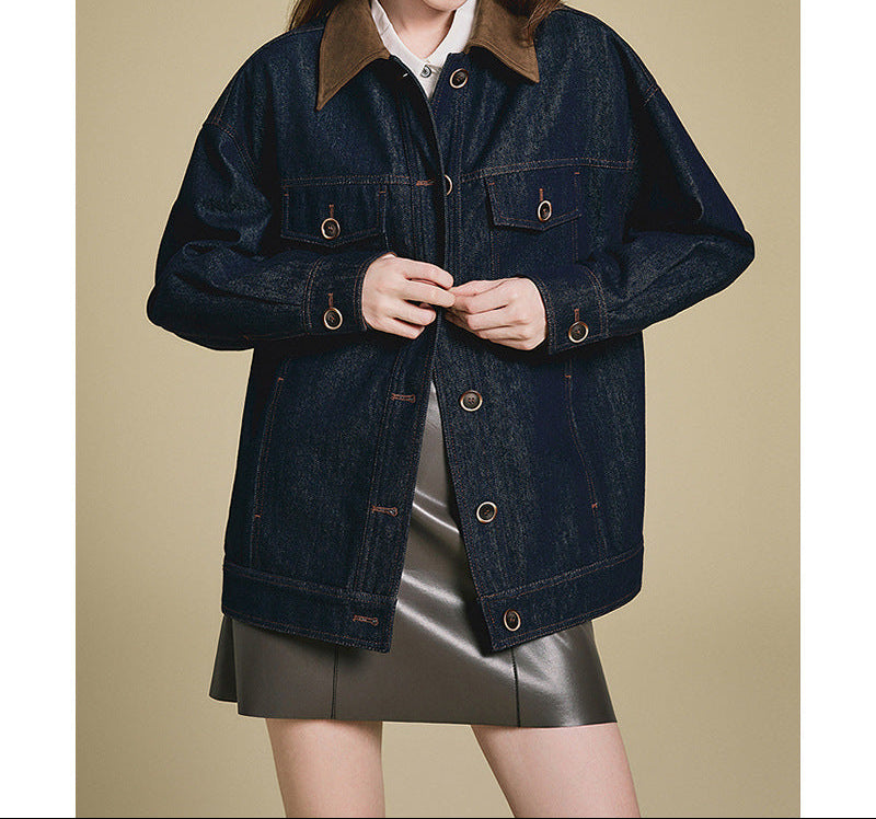 Damen Jeansjacke mit Patchwork & Taschen – Lässig, Retro, Lockerer Kragen