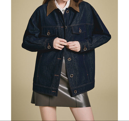 Damen Jeansjacke mit Patchwork & Taschen – Lässig, Retro, Lockerer Kragen