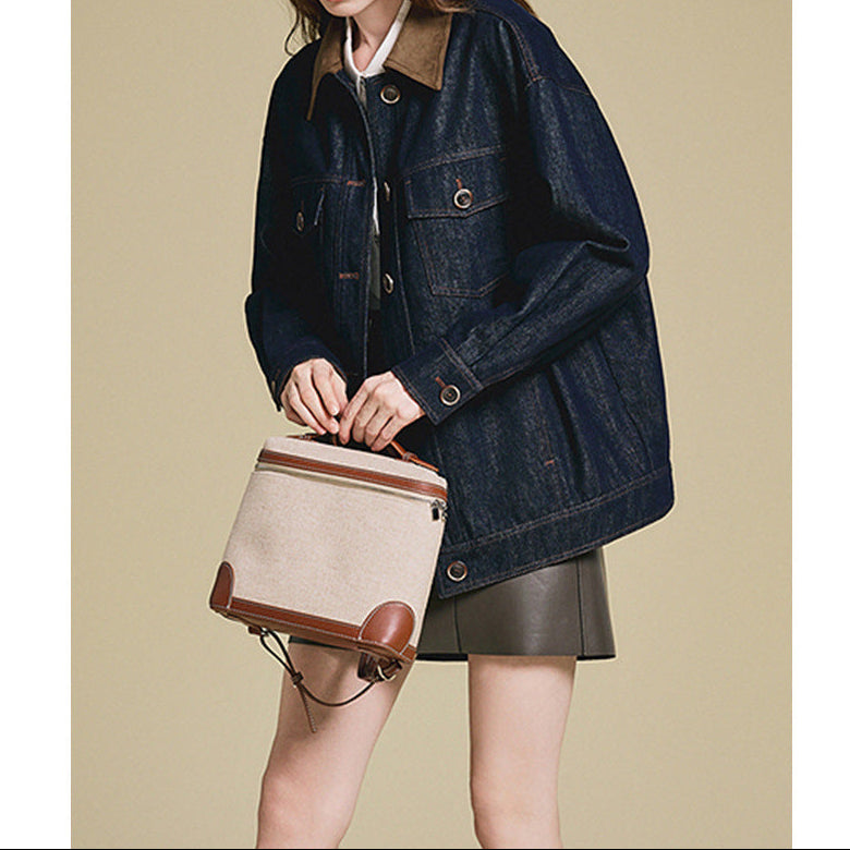 Damen Jeansjacke mit Patchwork & Taschen – Lässig, Retro, Lockerer Kragen