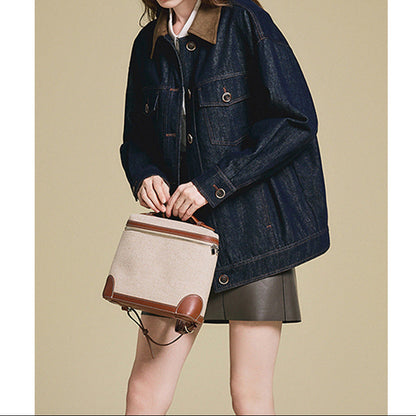 Damen Jeansjacke mit Patchwork & Taschen – Lässig, Retro, Lockerer Kragen