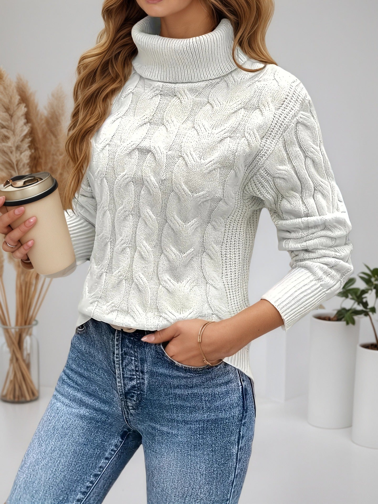 Damen Grobstrick-Pullover mit Rollkragen – Warmer Langarm-Stricktop für Herbst/Winter