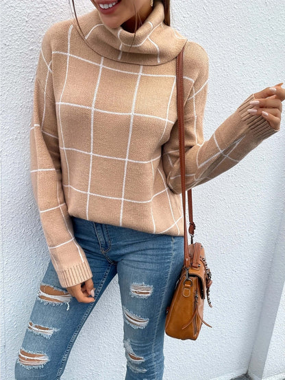 Turtleneck sweater with check pattern Sweater with knitted top