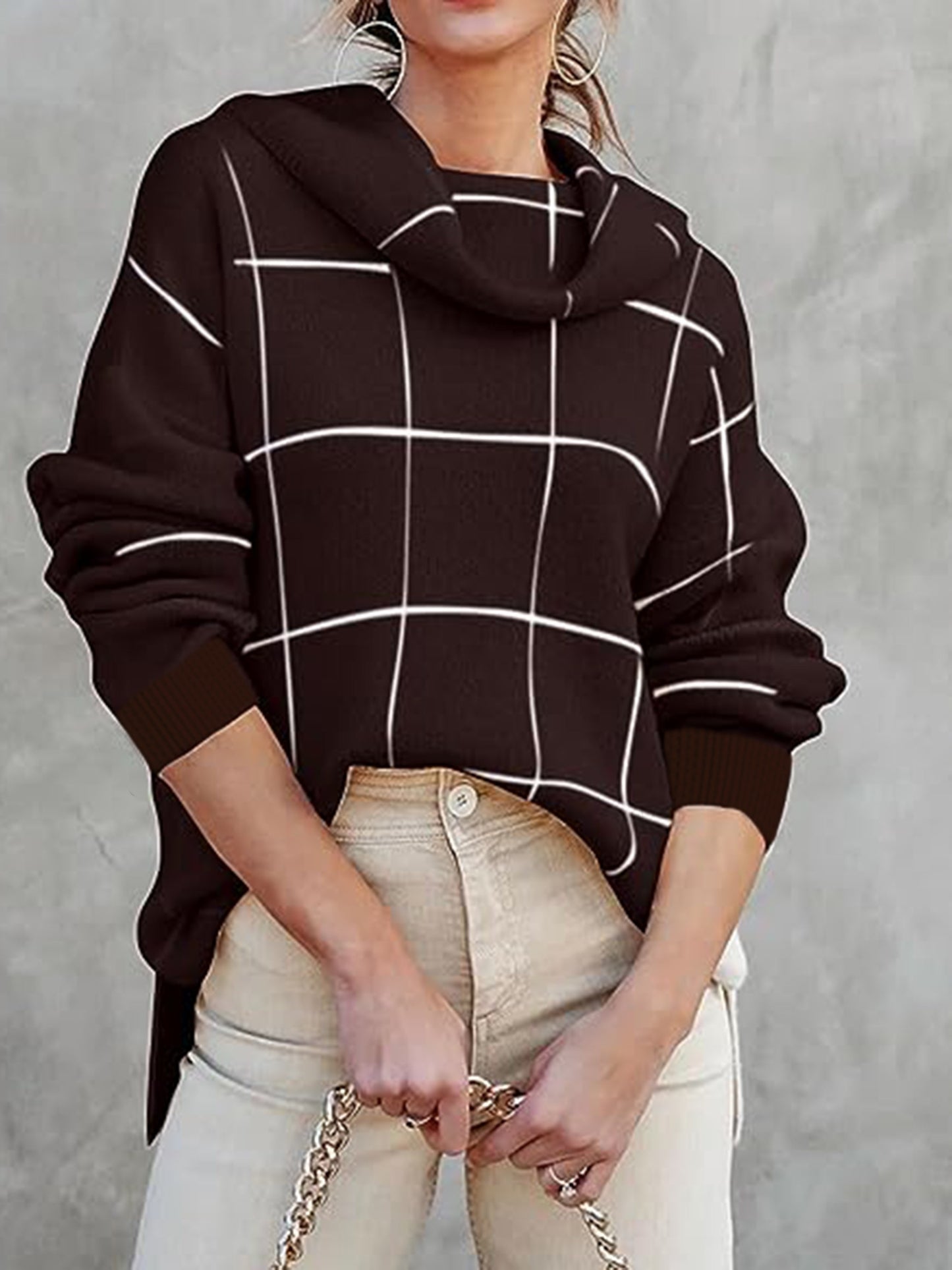 Turtleneck sweater with check pattern Sweater with knitted top