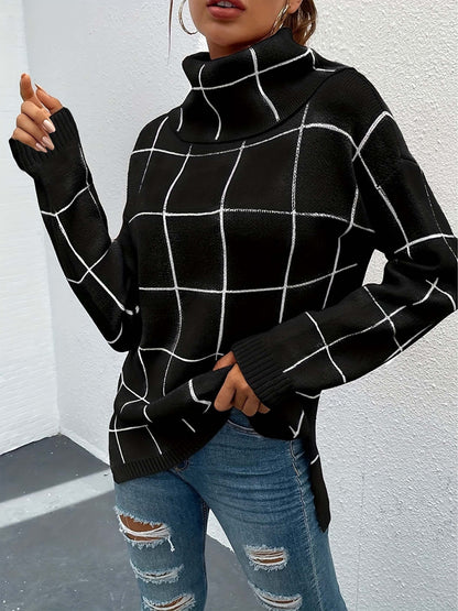 Turtleneck sweater with check pattern Sweater with knitted top