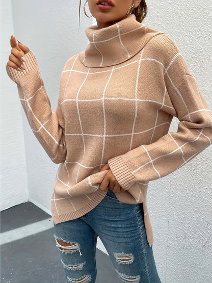 Turtleneck sweater with check pattern Sweater with knitted top