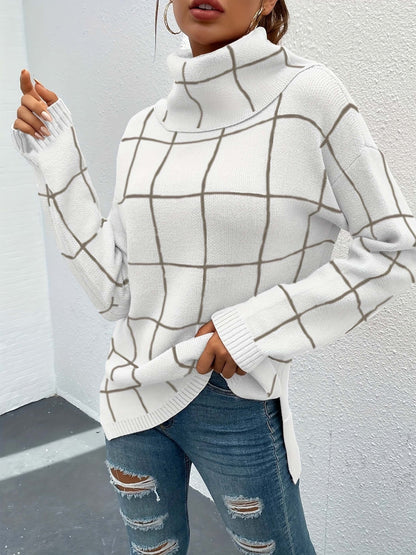 Turtleneck sweater with check pattern Sweater with knitted top