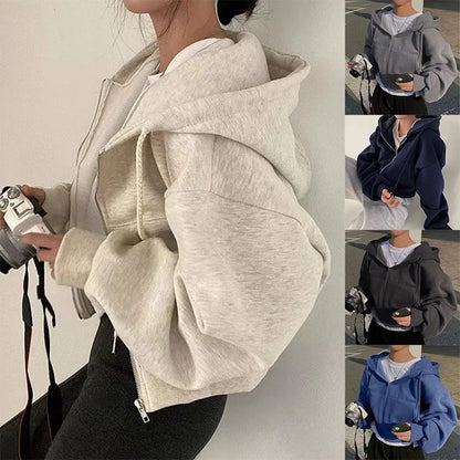 Damen Fleecegefütterte Kurzhoodie – Figurbetont Warmer Zip-Up Sweatshirt