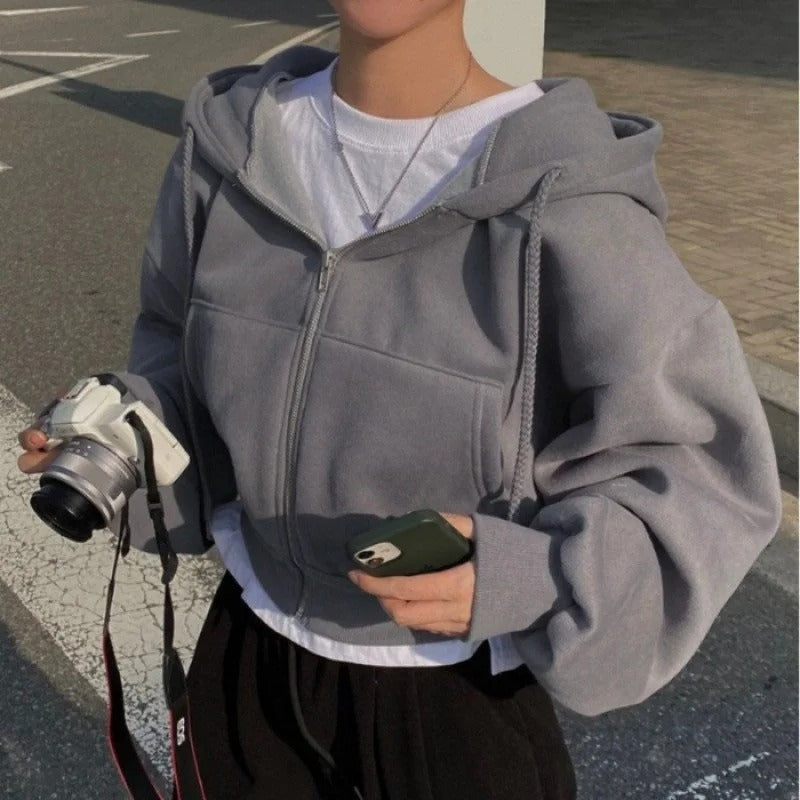 Damen Fleecegefütterte Kurzhoodie – Figurbetont Warmer Zip-Up Sweatshirt