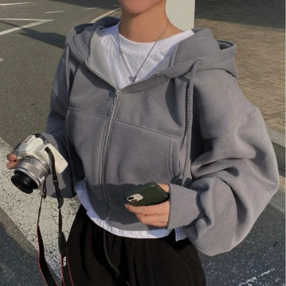 Damen Fleecegefütterte Kurzhoodie – Figurbetont Warmer Zip-Up Sweatshirt